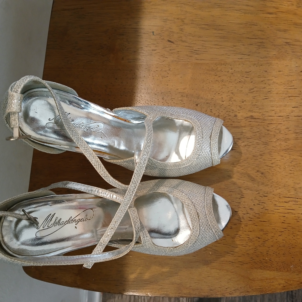 Michelangelo Women's Silver Peep-Toe Heels